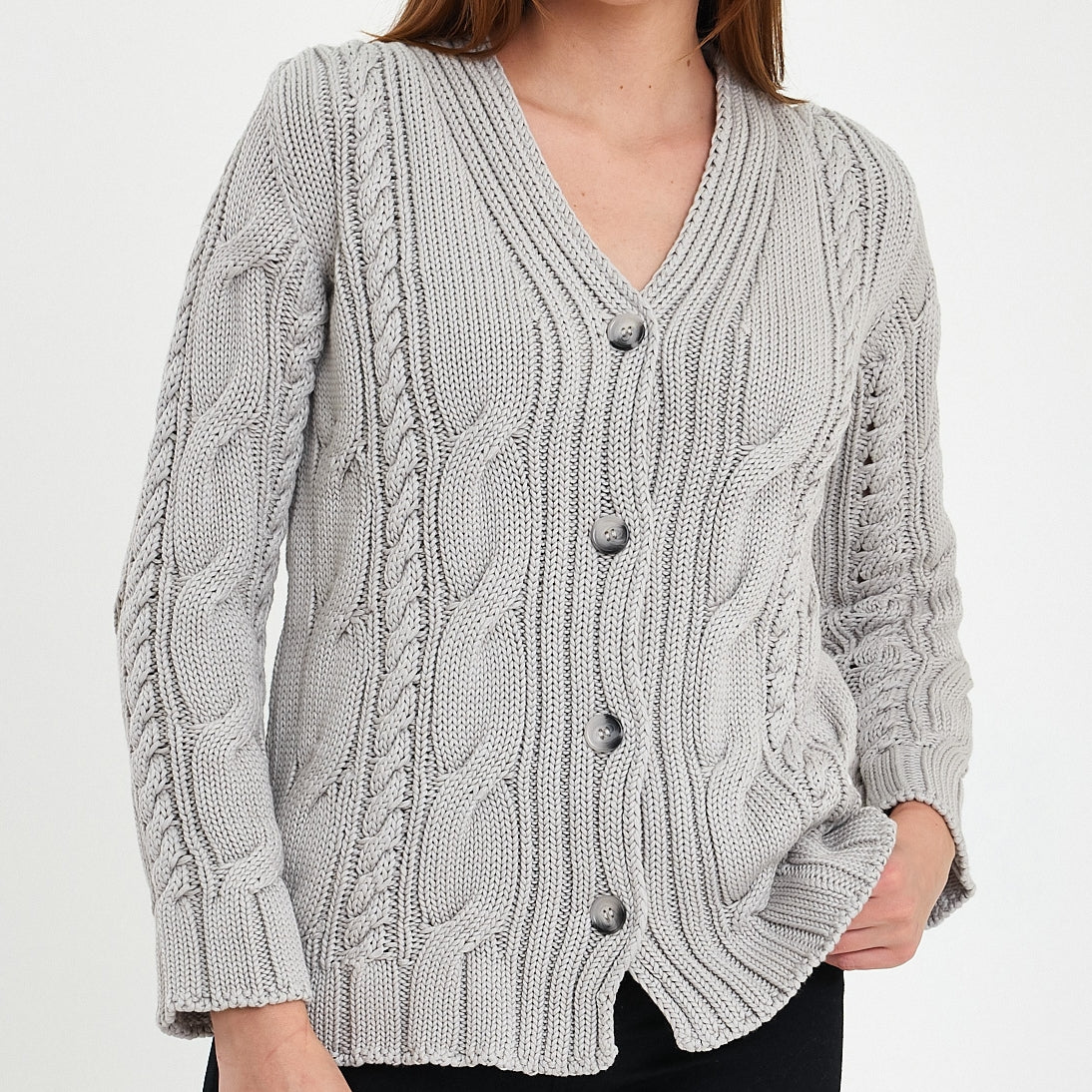 Grey Braid Detailed Long Sleeve Cardigan